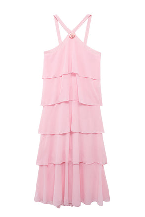 Elegant Pink Halter A Line Evening Dress, Ruffles Backless Prom Dress