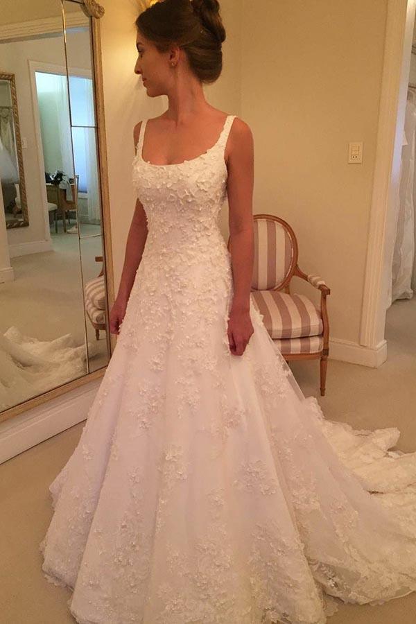 Lace Wedding Dresses, Sweep Train Appliques A Line Wedding Dress With Beaded