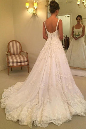 Lace Wedding Dresses, Sweep Train Appliques A Line Wedding Dress With Beaded