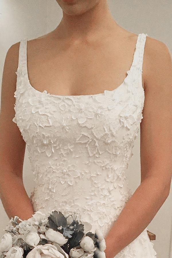 Lace Wedding Dresses, Sweep Train Appliques A Line Wedding Dress With Beaded