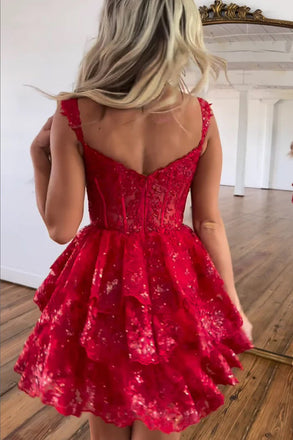 Cute A Line Red V-neck Ruffles Short Homecoming Dress with Sequins