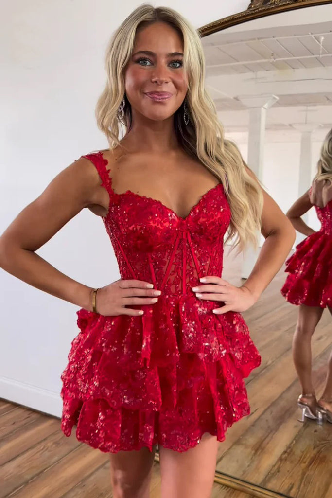 Cute A Line Red V-neck Ruffles Short Homecoming Dress with Sequins