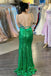 Mermaid Green Applique Long Prom Dress With High Slit, Backless Evening Gown