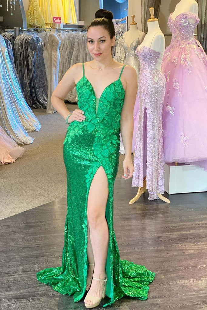 Mermaid Green Applique Long Prom Dress With High Slit, Backless Evening Gown