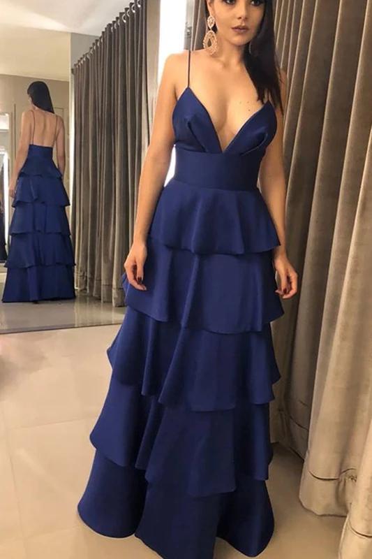 Spaghetti Straps Royal Blue High Waist Satin Long Party Dress With Tiered
