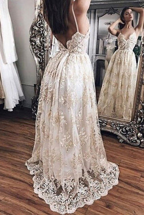 A Line Lace Backless V Neck Sleeveless Appliques Long Prom Dress