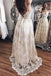 A Line Lace Backless V Neck Sleeveless Appliques Long Prom Dress