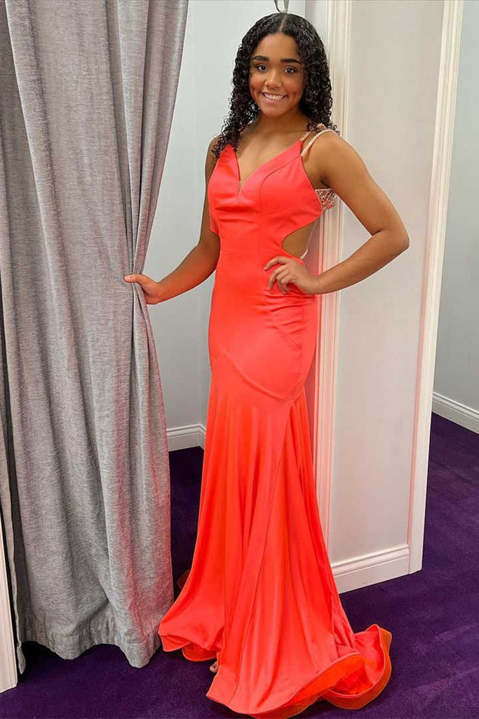 Straps Orange Criss Cross Coral Lace Long Prom Dress, Mermaid Party Gown