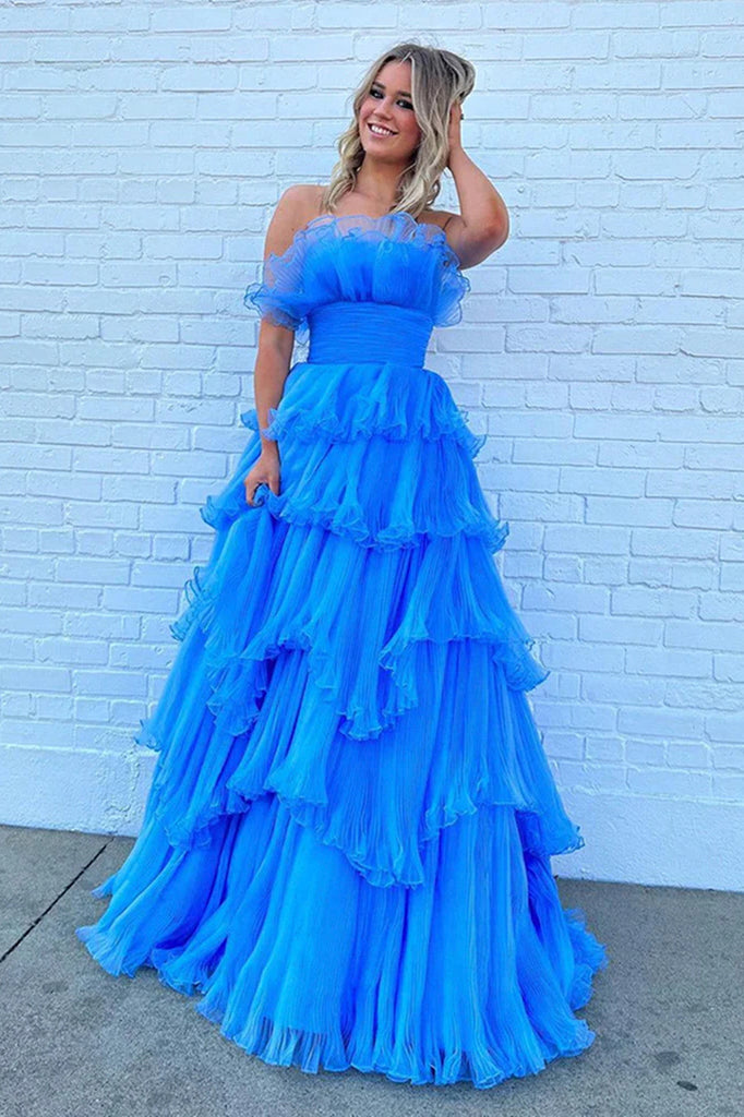 Strapless Blue Long Prom Dress With Layered High Low, A Line Evening Dress