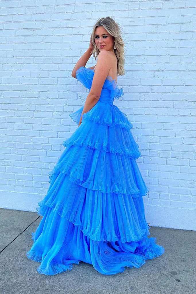 Strapless Blue Long Prom Dress With Layered High Low, A Line Evening Dress