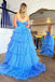 Strapless Blue Long Prom Dress With Layered High Low, A Line Evening Dress