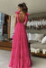 Tulle Hot Pink V Neck Long Prom Dress Cocktail Party Dress With Bowknot