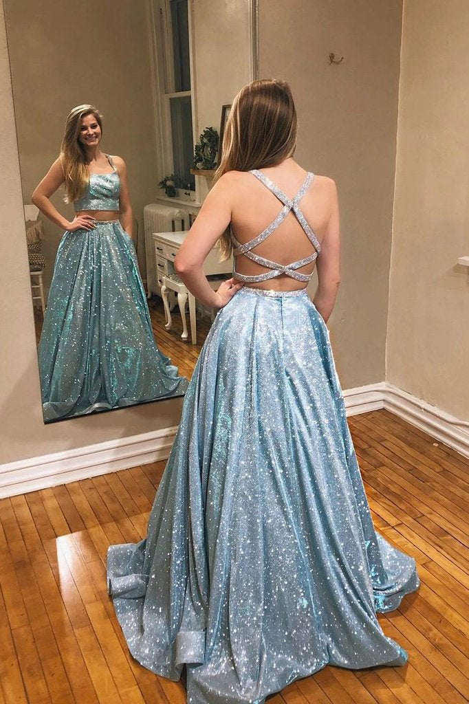 Sparkly Blue A-line Two Pieces Long Prom Dress Evening Dress With Beading