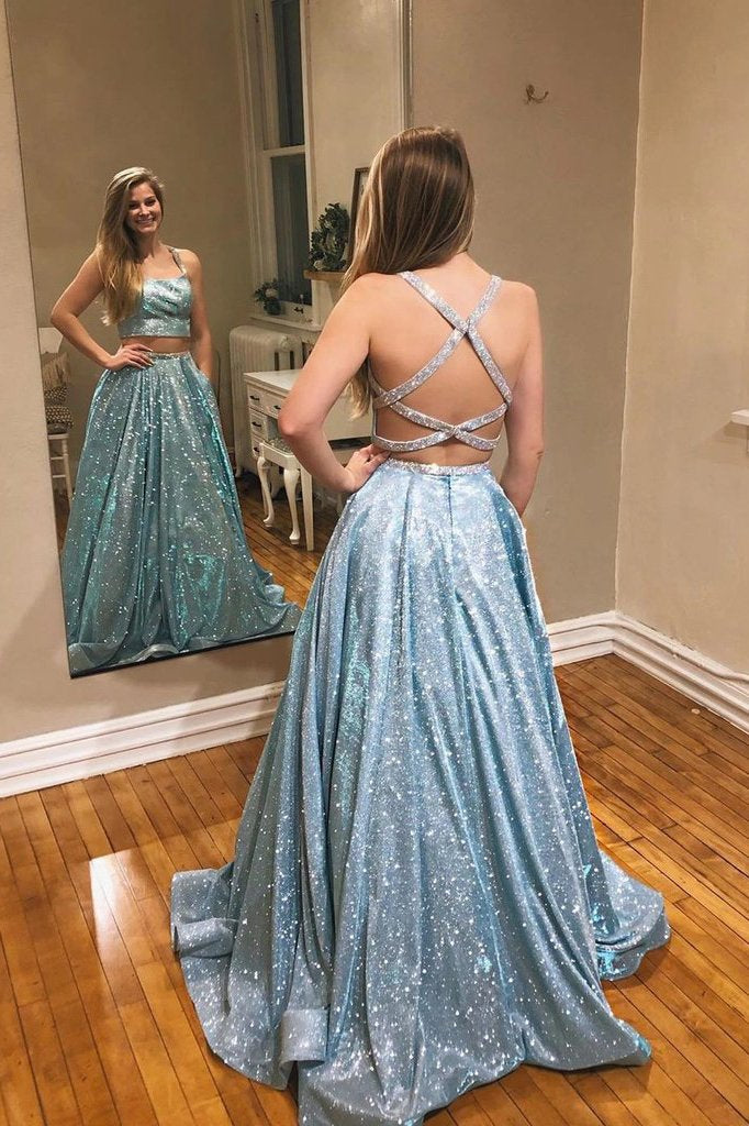 Sparkly Blue A-line Two Pieces Long Prom Dress Evening Dress With Beading