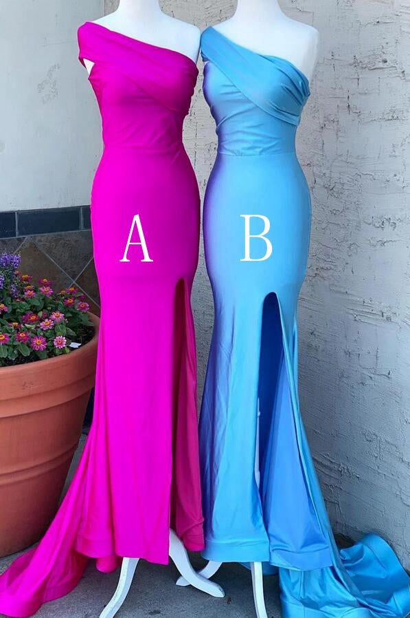 Simple One Shoulder Sexy A Line Mermaid Long Prom Dress With Slit