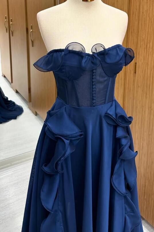 Strapless Navy Blue A Line Long Prom Dress With Ruffles, Sweetheart Formal Dress
