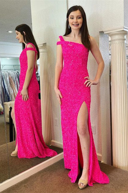 Sexy Hot Pink One Shoulder Mermaid Long Prom Dress With Sequins