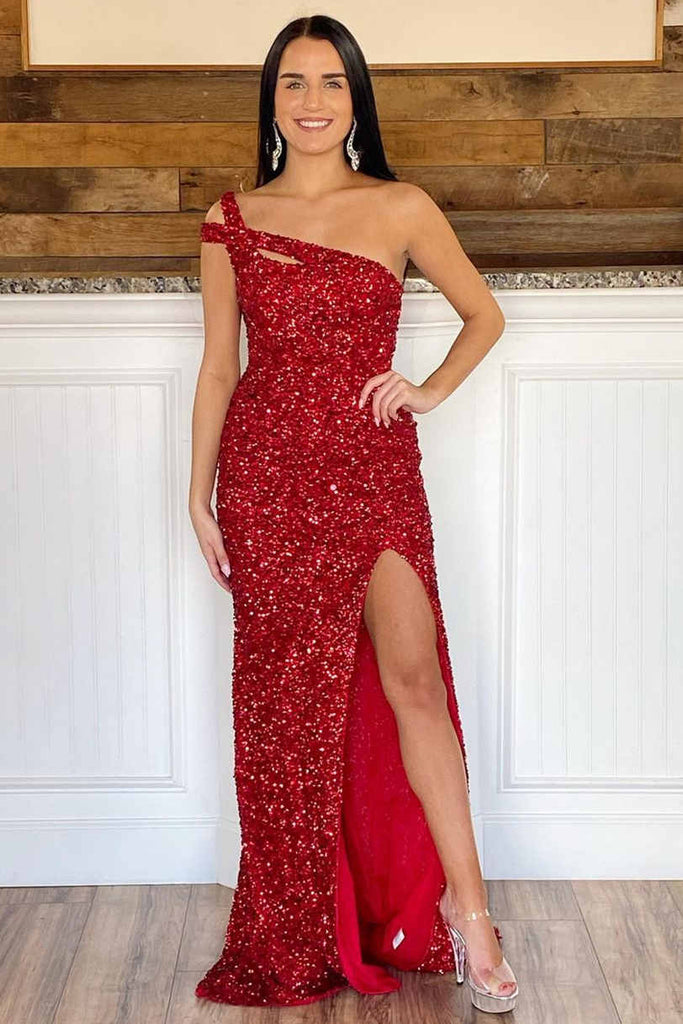 Sexy Hot Pink One Shoulder Mermaid Long Prom Dress With Sequins