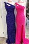 Sexy Hot Pink One Shoulder Mermaid Long Prom Dress With Sequins