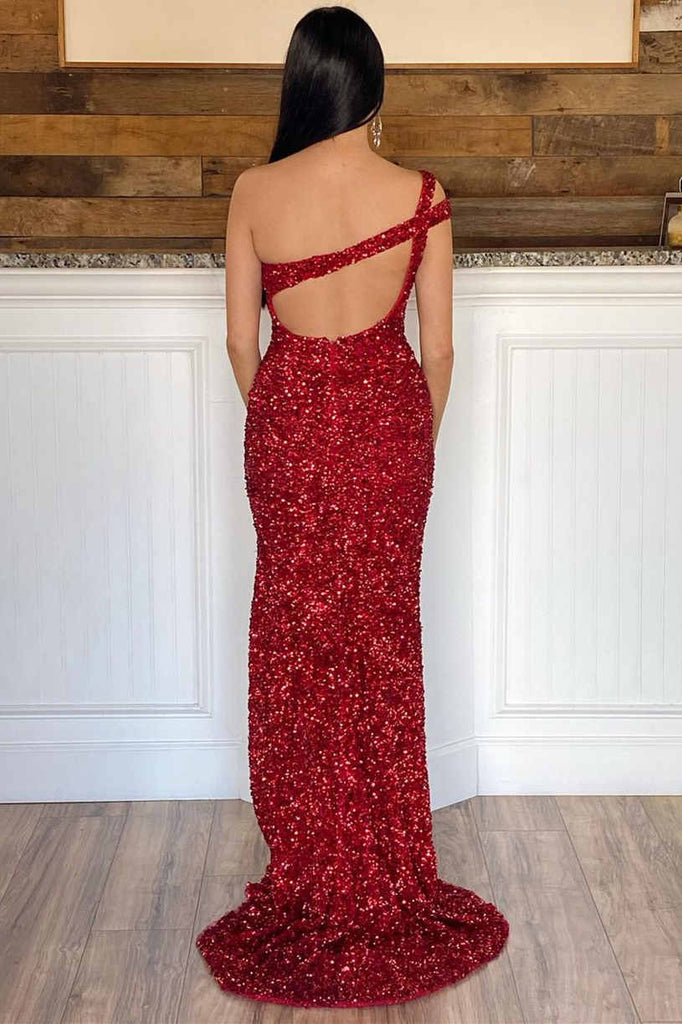 Sexy Hot Pink One Shoulder Mermaid Long Prom Dress With Sequins