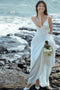 Spaghetti Straps Satin Wedding Dress With Ruched, Deep V Neck Beach Wedding Dress