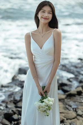 Spaghetti Straps Satin Wedding Dress With Ruched, Deep V Neck Beach Wedding Dress