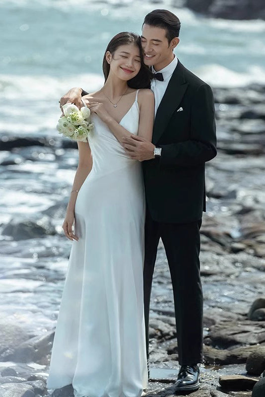 Spaghetti Straps Satin Wedding Dress With Ruched, Deep V Neck Beach Wedding Dress