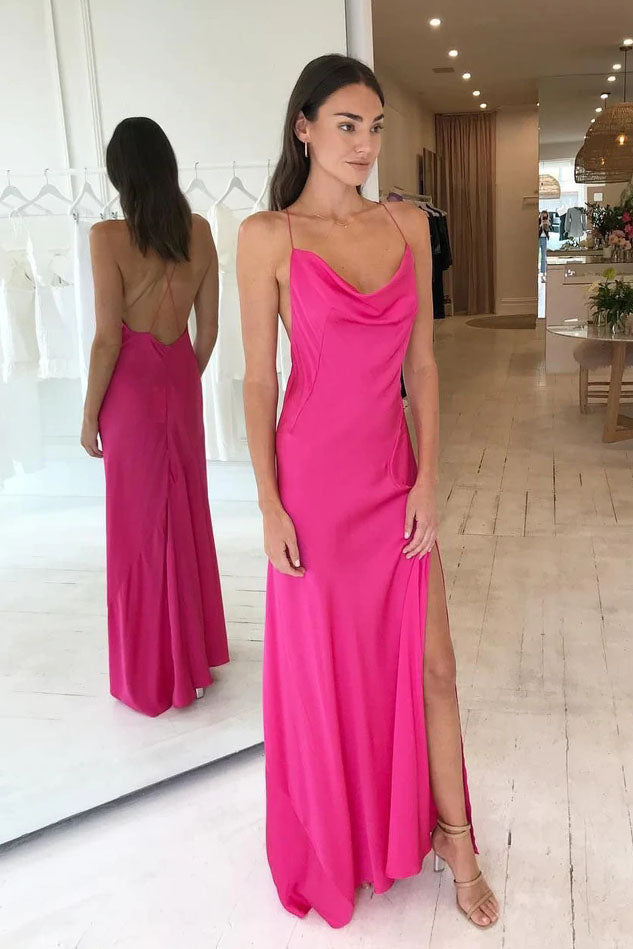 Simple Straps Hot Pink Cowl Neck Long Prom Dress Evening Dress With Split