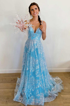 Spaghetti Straps Blue A Line Tulle Princess Long Prom Dress with Applique
