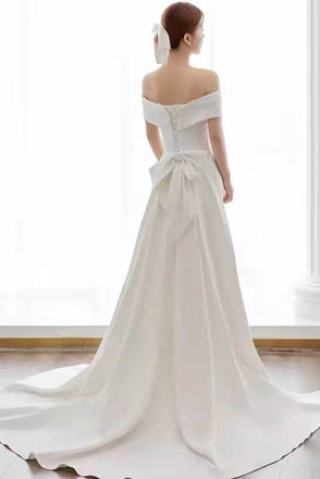 Off the Shoulder Ivory Slit A Line Long Wedding Dress With Bowknot