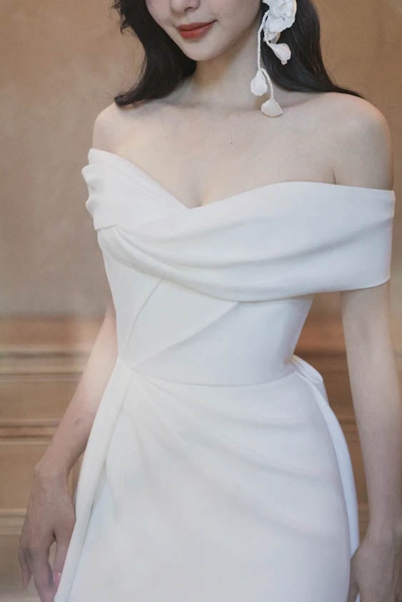 Off the Shoulder Ivory Slit A Line Long Wedding Dress With Bowknot