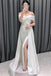 Off the Shoulder Ivory Slit A Line Long Wedding Dress With Bowknot