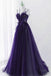Spaghetti Straps Purple Tulle A Line Long Prom Dress With Beaded