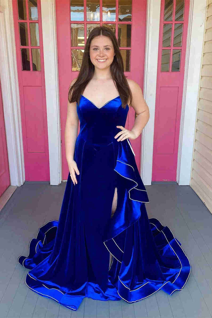 Asymmetrical Royal Blue Sleeveless Velvet Long Prom Dress With Split