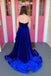 Asymmetrical Royal Blue Sleeveless Velvet Long Prom Dress With Split