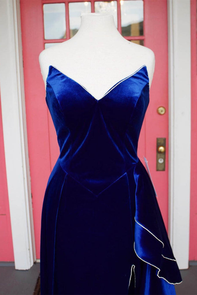 Asymmetrical Royal Blue Sleeveless Velvet Long Prom Dress With Split