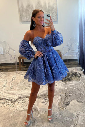 Sweetheart Blue A Line Detachable Sleeves Homecoming Dress With Sequin Embroidered