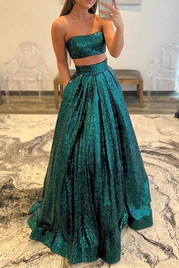 Strapless Emerald Green Two Piece Sleeveless Party Dress With Sequins DressTok