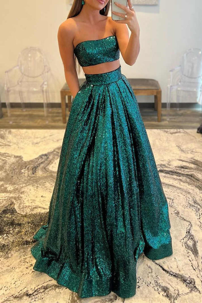 Strapless Emerald Green Two Piece Sleeveless Party Dress With Sequins Pockets