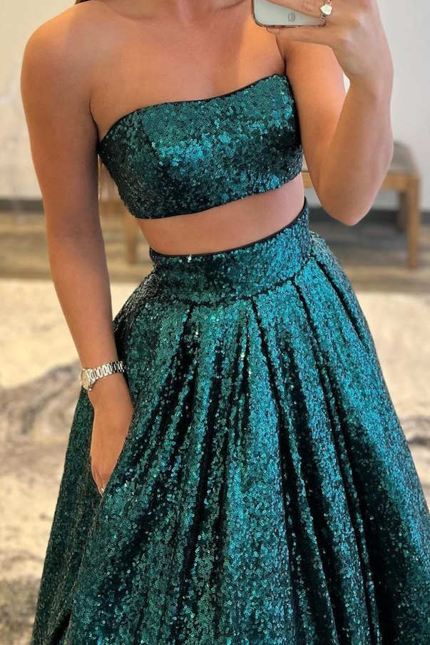 Strapless Emerald Green Two Piece Sleeveless Party Dress With Sequins Pockets