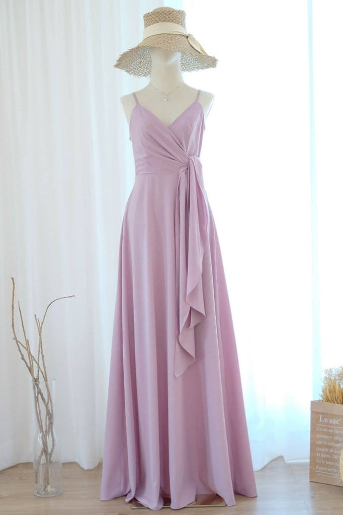 Spaghetti Straps Lilac V Neck Long Bridesmaid Dress