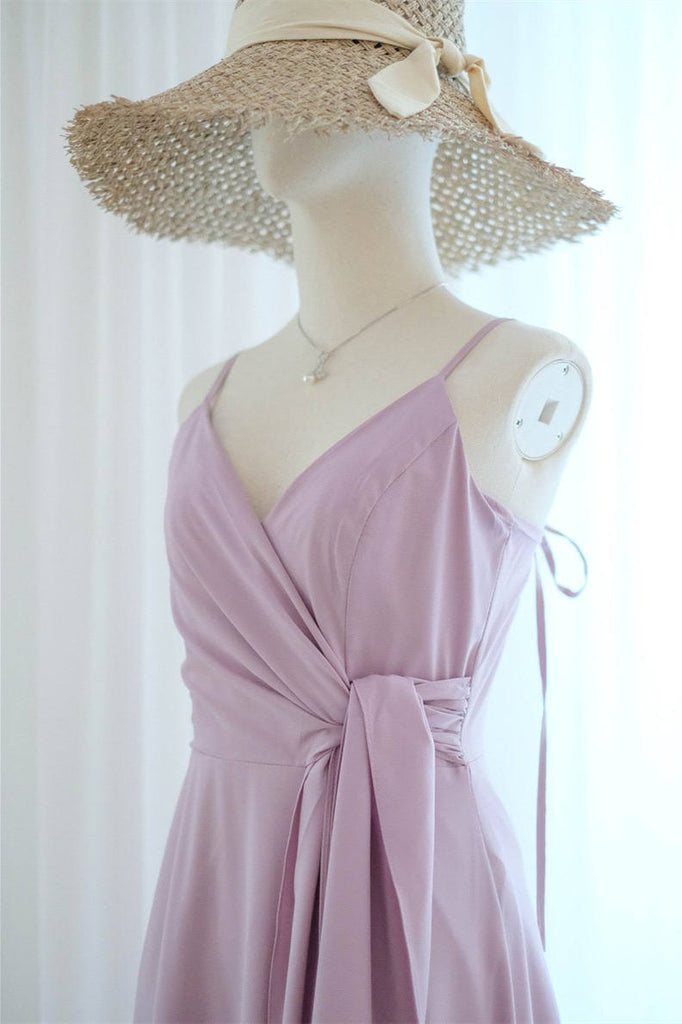 Spaghetti Straps Lilac V Neck Long Bridesmaid Dress