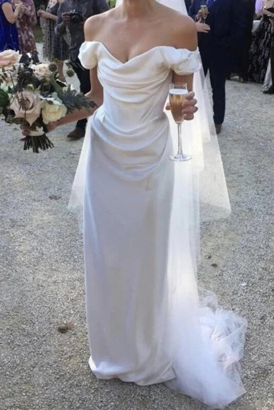 Simple Mermaid Long Wedding Dress With Pleated, Off The Shoulder Beach Wedding Dress