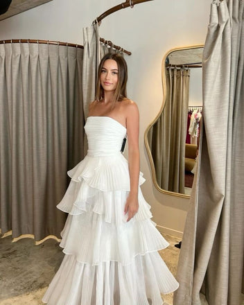 Strapless White Long Prom Dress With Pleated Layers, White Evening Gown