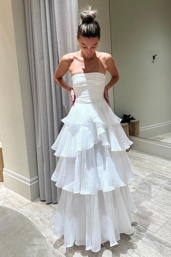 Strapless White Long Prom Dress With Pleated Layers, White Evening Gown