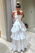 Strapless White Long Prom Dress With Pleated Layers, White Evening Gown