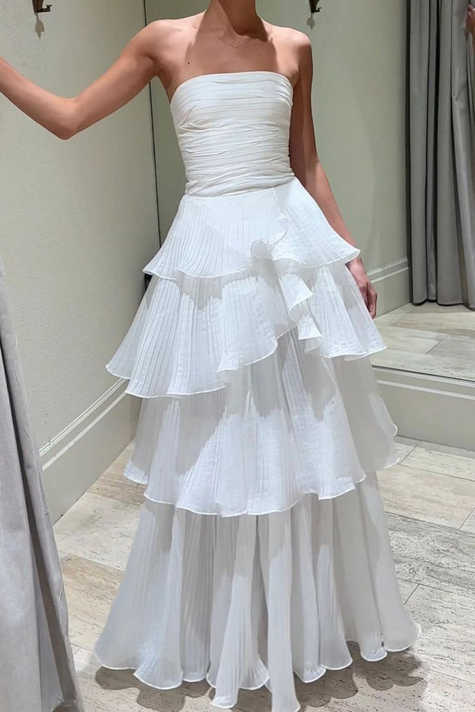 Strapless White Long Prom Dress With Pleated Layers, White Evening Gown
