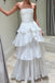 Strapless White Long Prom Dress With Pleated Layers, White Evening Gown