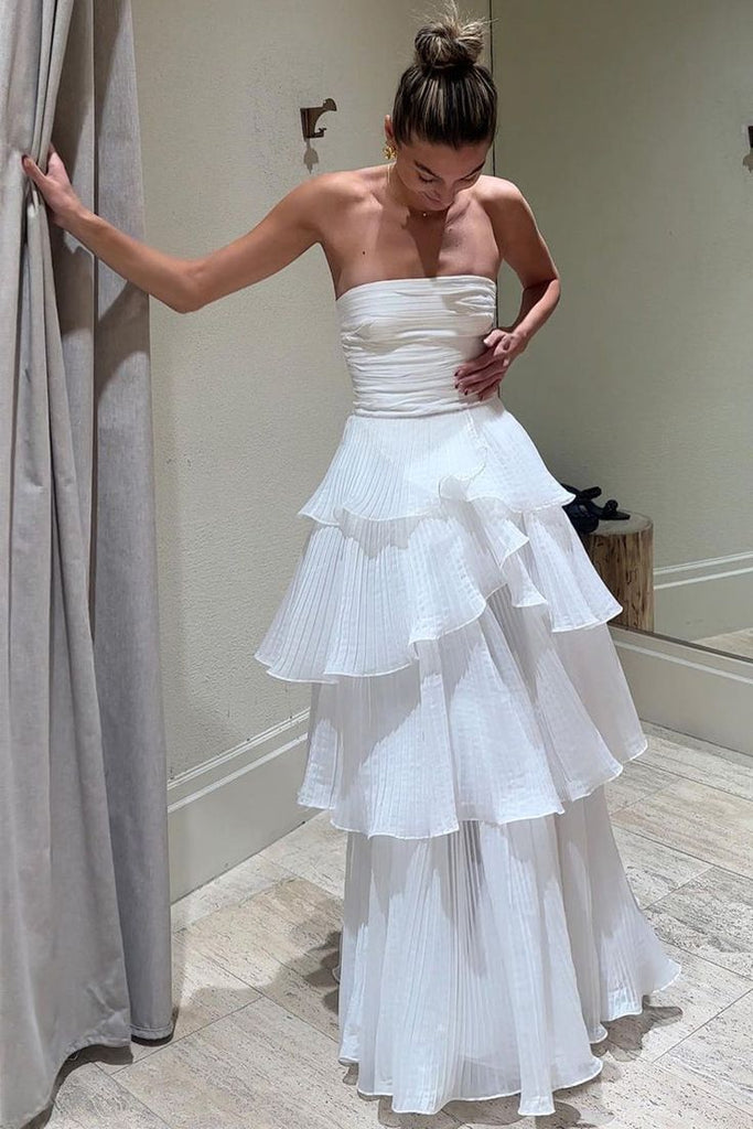 Strapless White Long Prom Dress With Pleated Layers, White Evening Gown