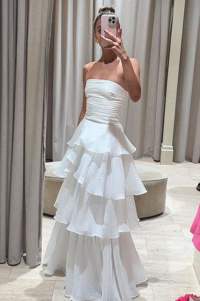 Strapless White Long Prom Dress With Pleated Layers, White Evening Gown